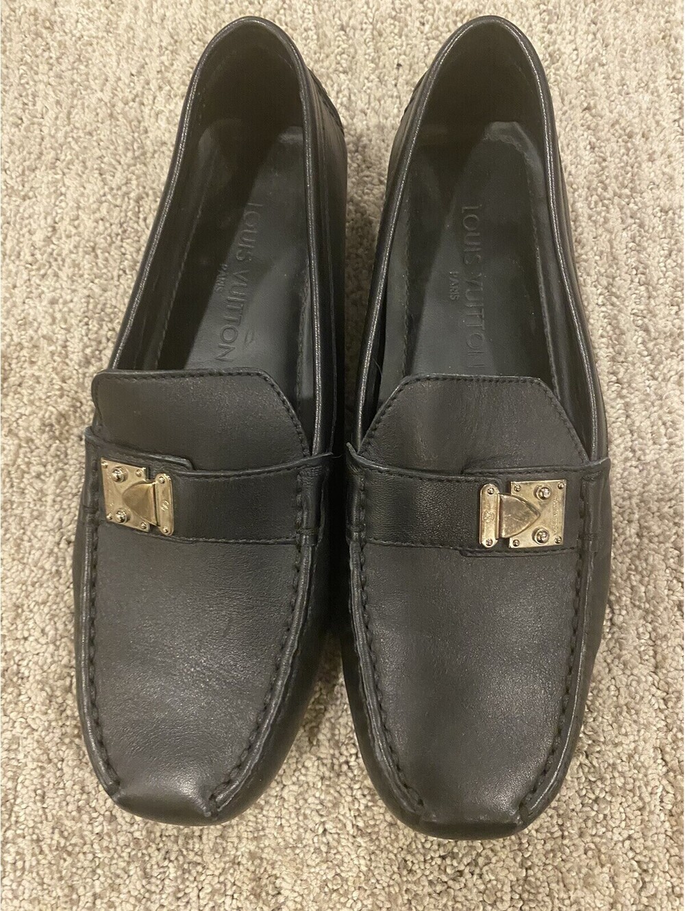 LV Louis Vuitton Loafer Moccasin Black Leather Womens Shoe Size EU 37 US 6